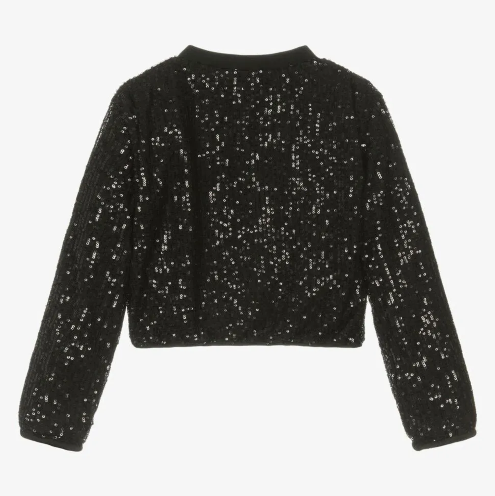 Girls Black Sequin Zip-Up Top