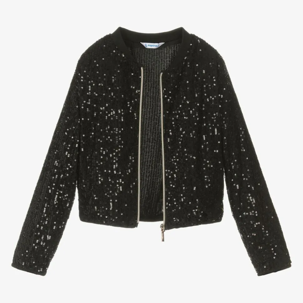 Girls Black Sequin Zip-Up Top