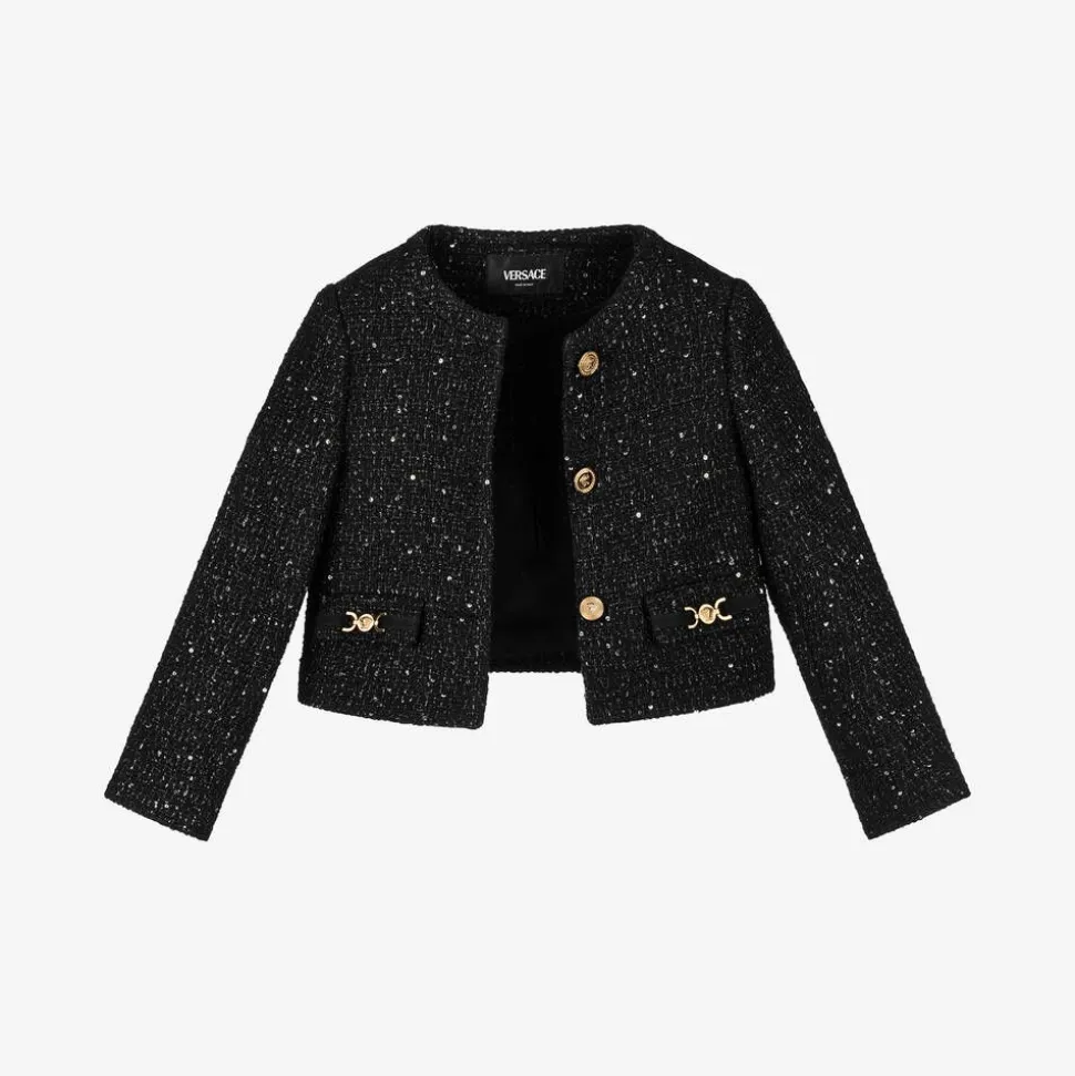Girls Black Sequinned Tweed Jacket