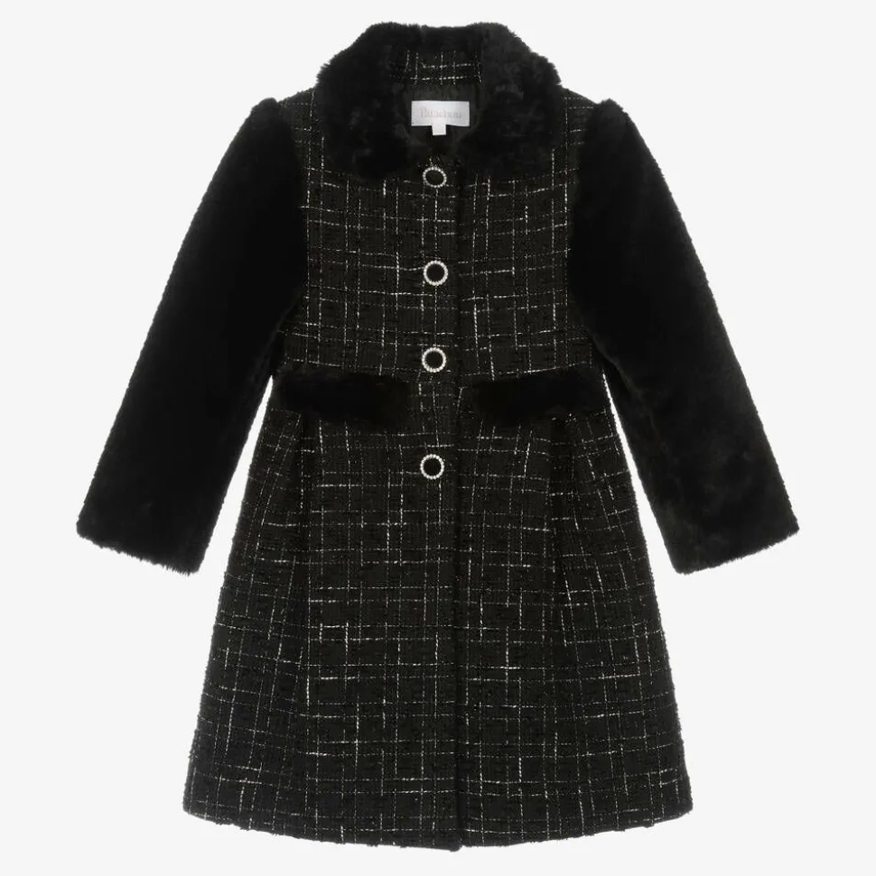 Girls Black Tweed & Faux Fur Coat