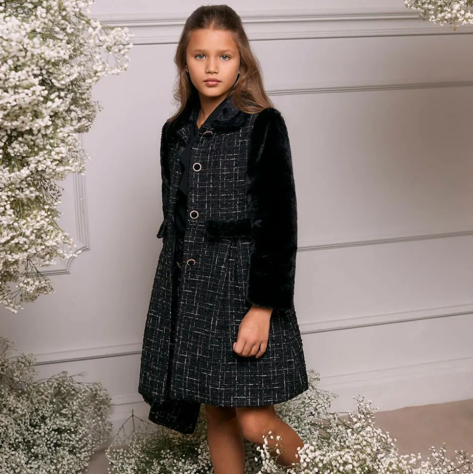 Girls Black Tweed & Faux Fur Coat