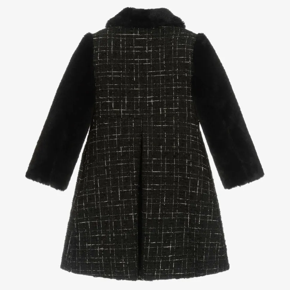 Girls Black Tweed & Faux Fur Coat