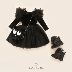 Girls Black Velour & Tulle Dress