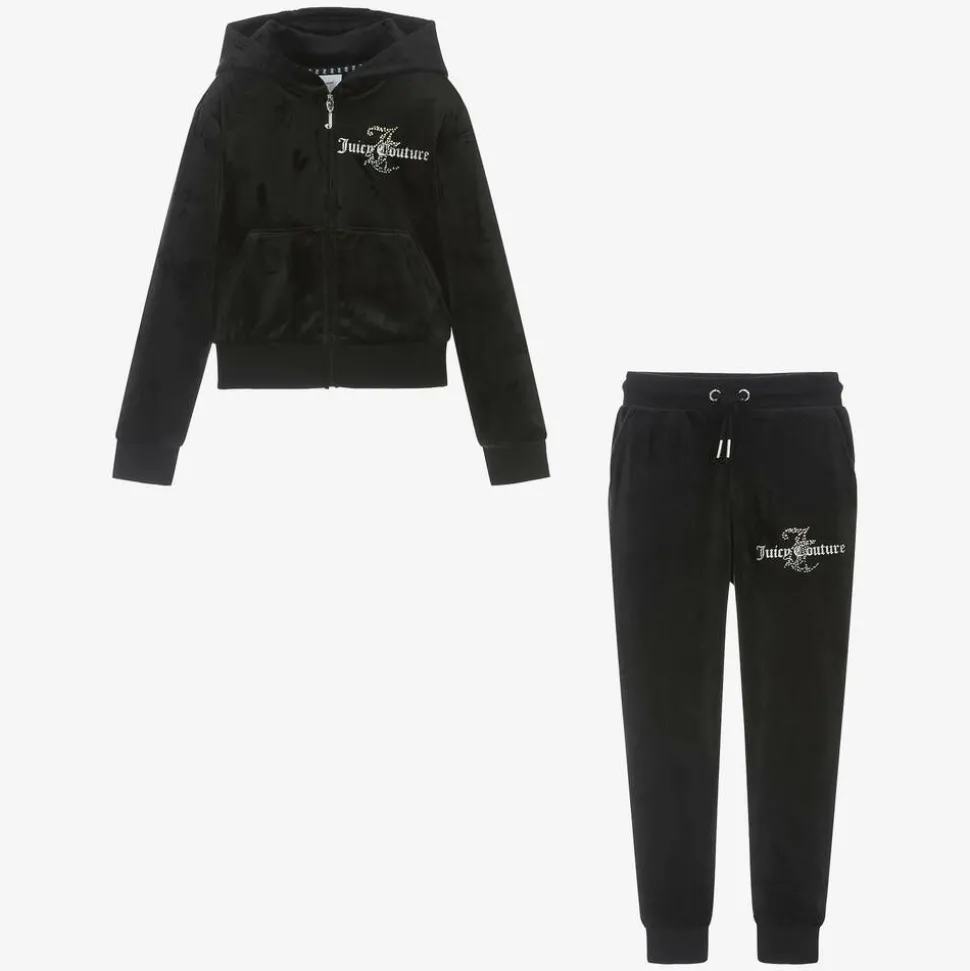 Girls Black Velour Tracksuit