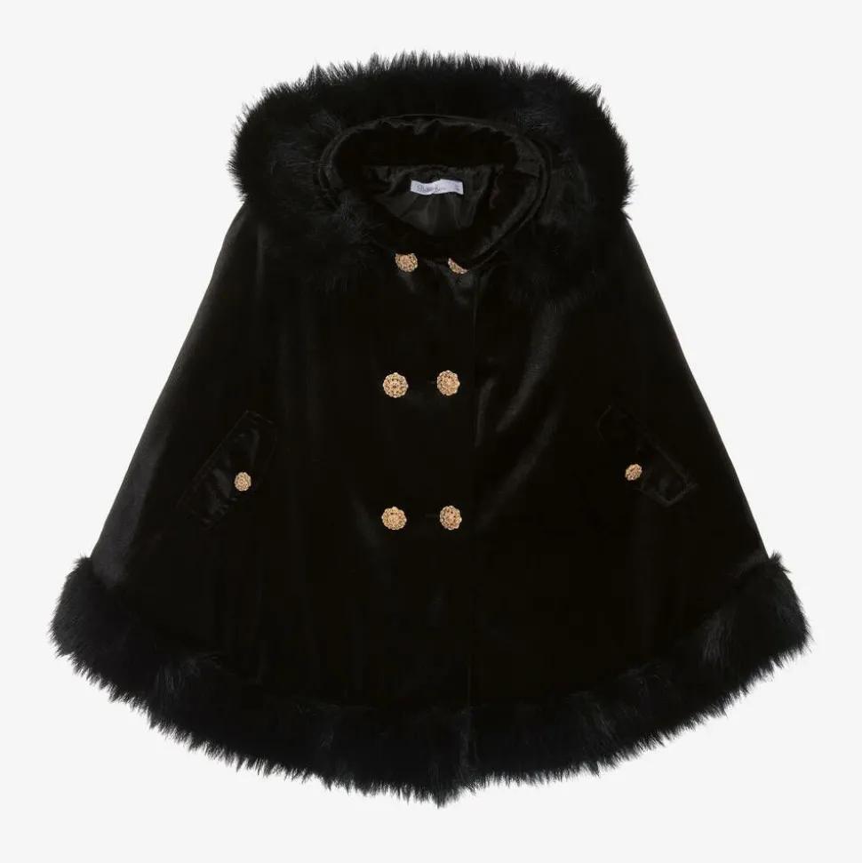 Girls Black Velvet Hooded Cape