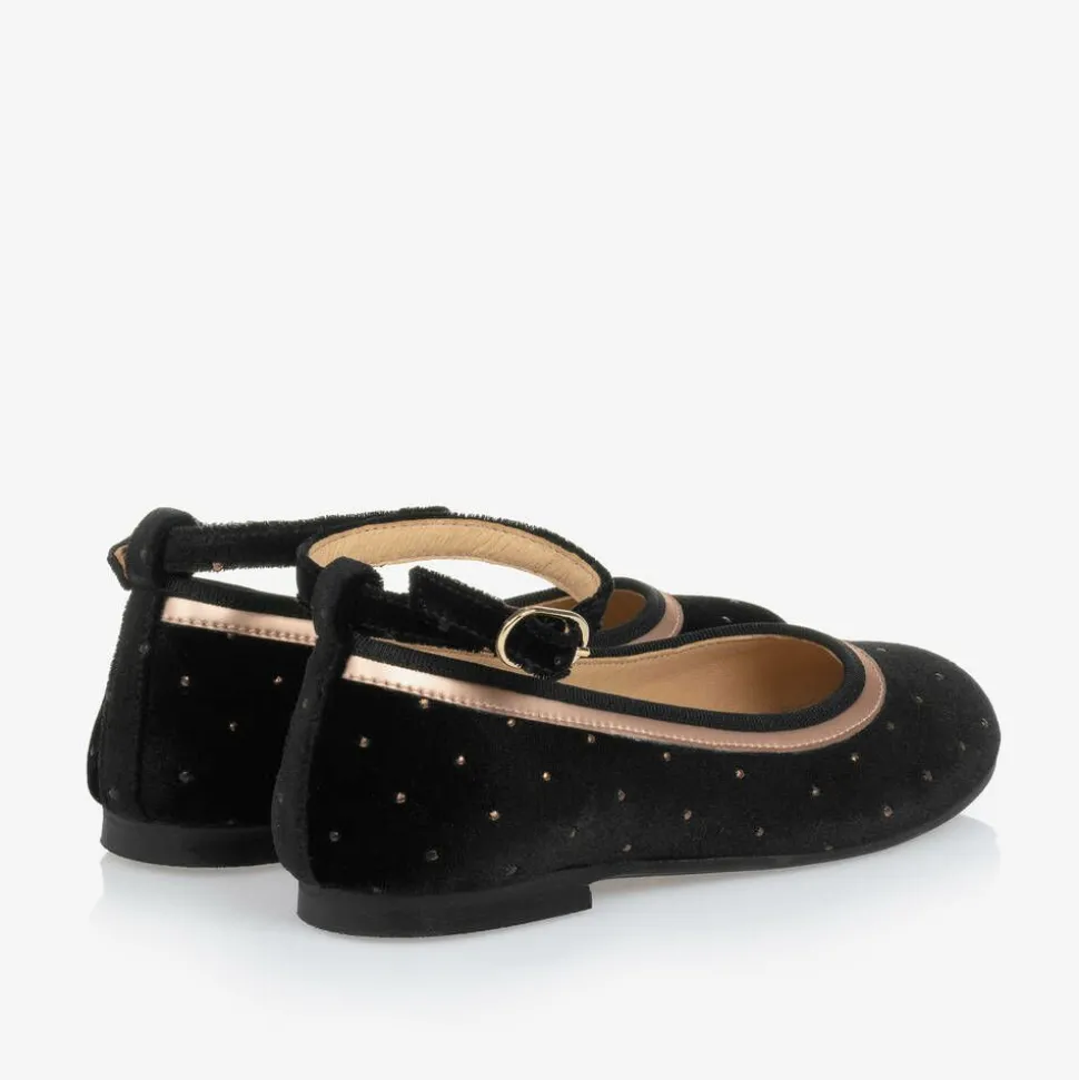 Girls Black Velvet Studded Shoes