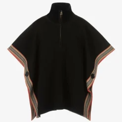 Girls Black Wool Icon Stripe Cape