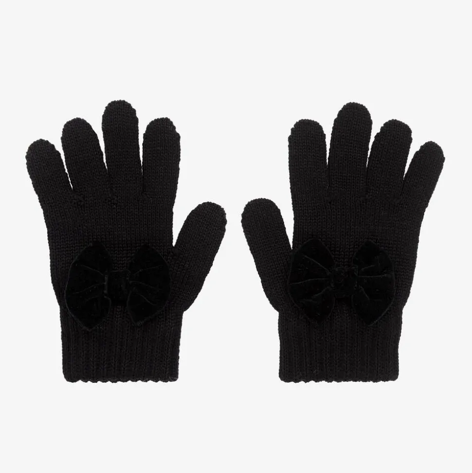 Girls Black Wool Knit Bow Gloves
