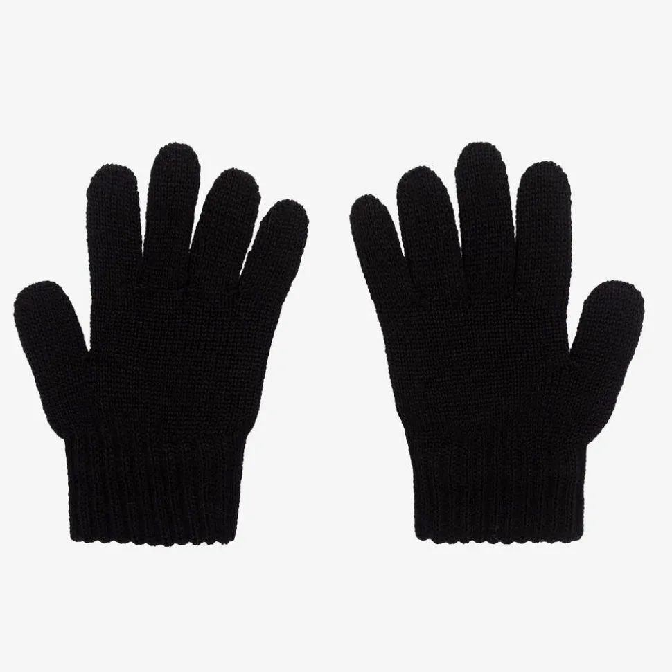 Girls Black Wool Knit Bow Gloves