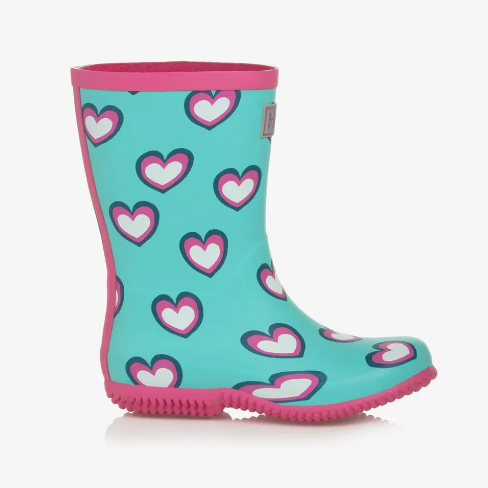 Girls Blue & Pink Heart Rain Boots