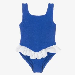 Girls Blue & White Crinkle Frill Swimsuit