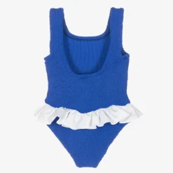 Girls Blue & White Crinkle Frill Swimsuit