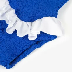 Girls Blue & White Crinkle Frill Swimsuit