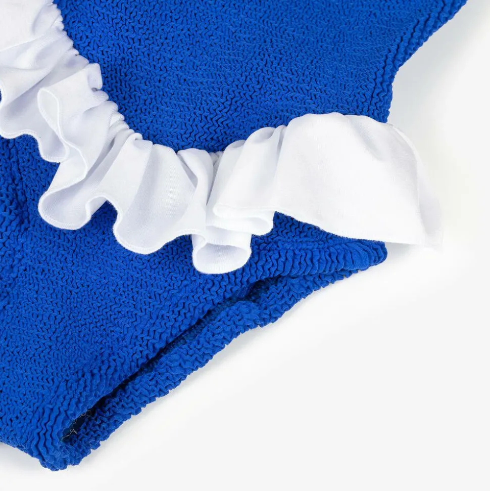 Girls Blue & White Crinkle Frill Swimsuit