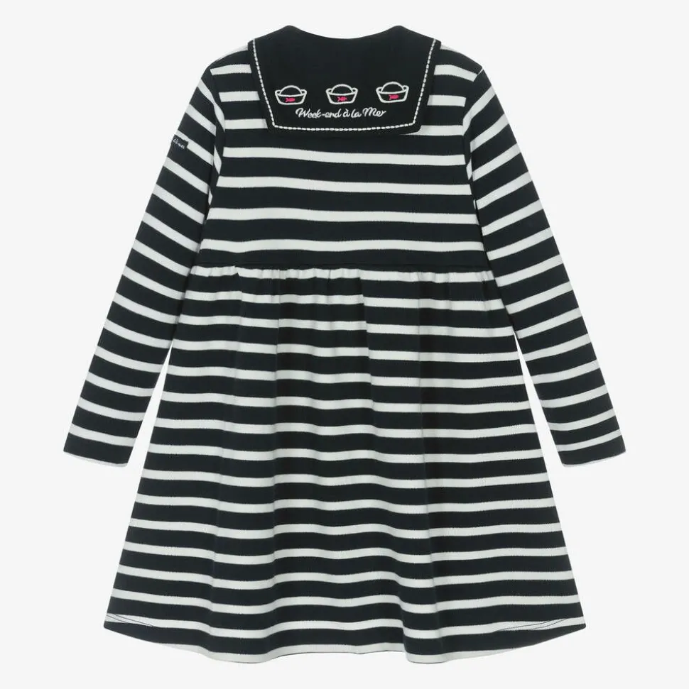 Girls Blue Breton Stripe Cotton Sailor Dress