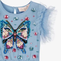 Girls Blue Butterfly Tulle Sequin Dress