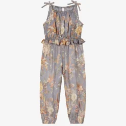 Girls Blue Cotton Floral Jumpsuit