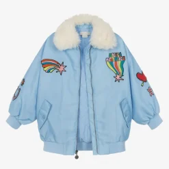 Girls Blue Faux Fur Collar Jacket