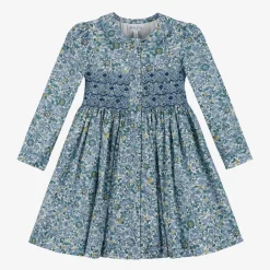 Girls Blue Floral Smocked Cotton Dress