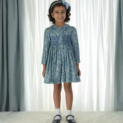 Girls Blue Floral Smocked Cotton Dress
