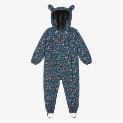 Girls Blue Floral Waterproof Puddlesuit