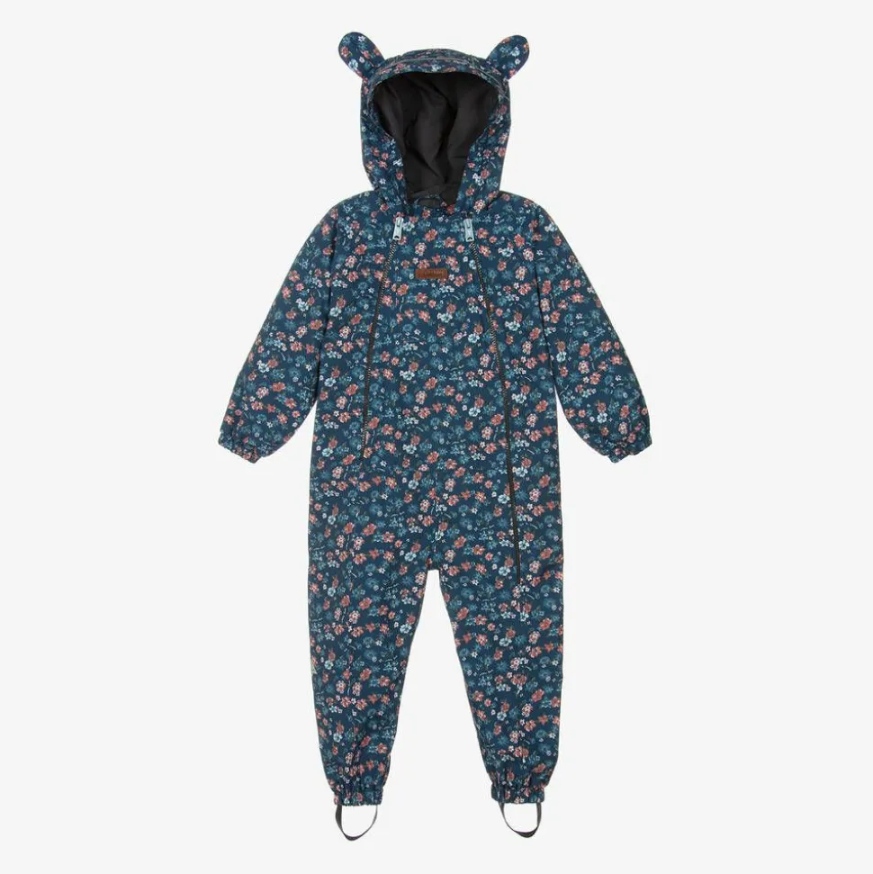 Girls Blue Floral Waterproof Puddlesuit