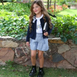 Girls Blue Houndstooth Cotton Shorts