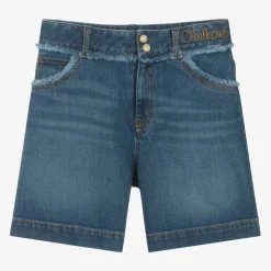 Girls Blue Organic Denim Fringe Shorts