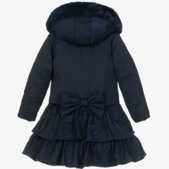 Girls Blue Padded Ruffle Hooded Coat