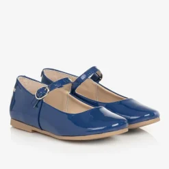 Girls Blue Patent Leather Ballerina Pumps