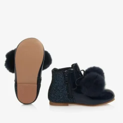 Girls Blue Patent Leather Pom-Pom Boots