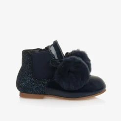 Girls Blue Patent Leather Pom-Pom Boots