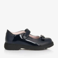 Girls Blue Patent Leather Bow Shoes
