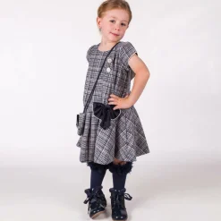 Girls Blue Tweed Dress & Handbag Set