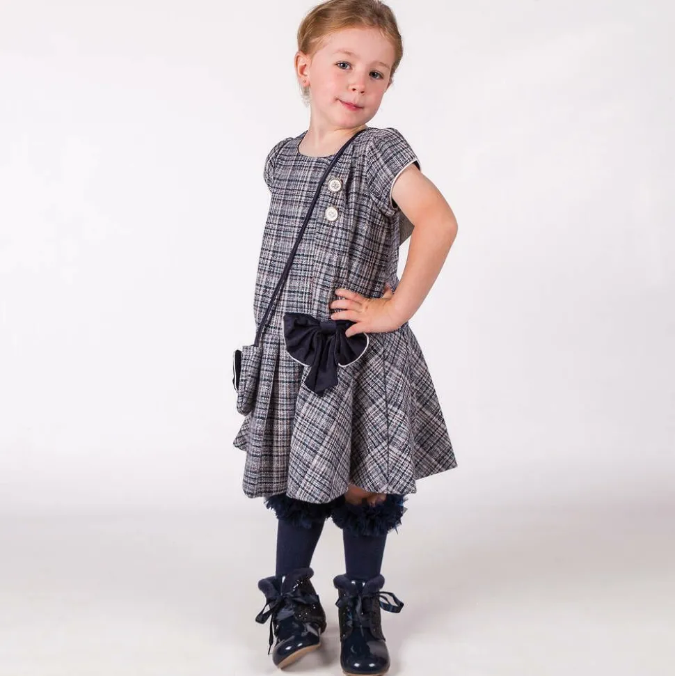 Girls Blue Tweed Dress & Handbag Set