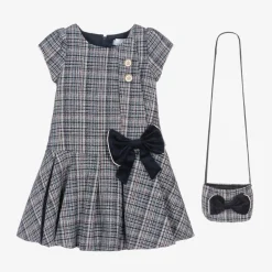 Girls Blue Tweed Dress & Handbag Set