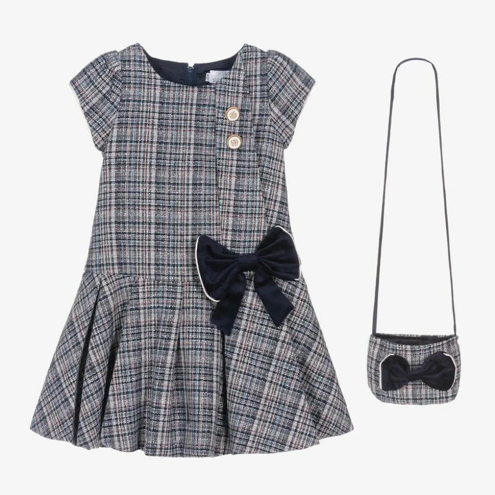 Girls Blue Tweed Dress & Handbag Set