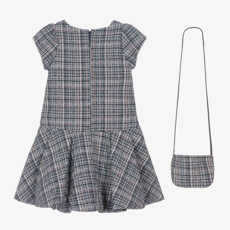 Girls Blue Tweed Dress & Handbag Set