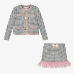 Girls Blue Tweed Skirt Set