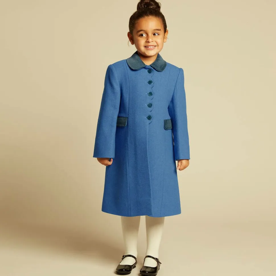 Girls Blue Wool & Velvet Coat