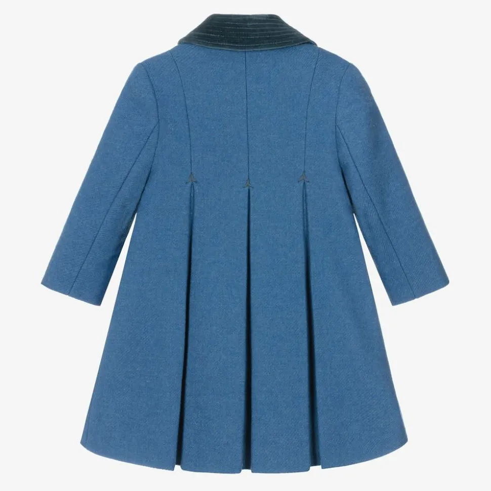 Girls Blue Wool & Velvet Coat