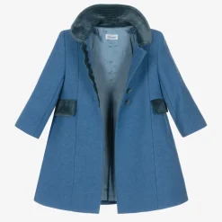 Girls Blue Wool & Velvet Coat