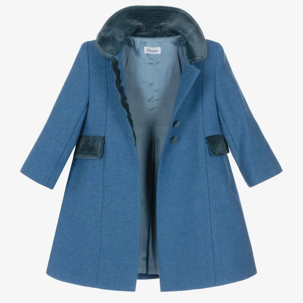 Girls Blue Wool & Velvet Coat