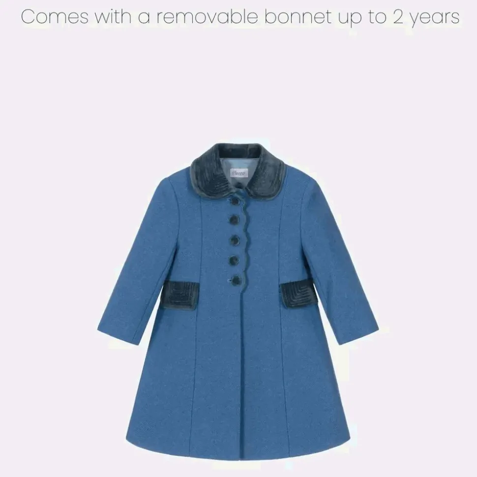 Girls Blue Wool & Velvet Coat