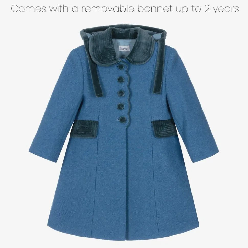 Girls Blue Wool & Velvet Coat