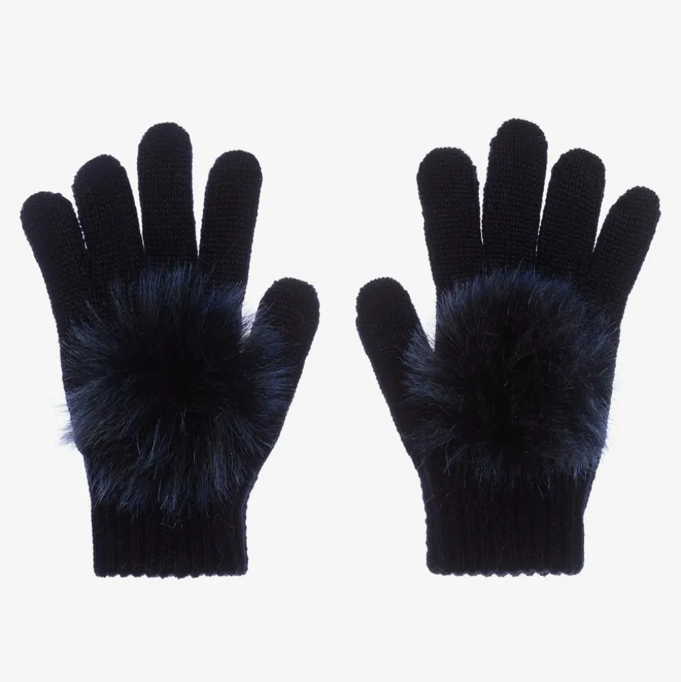 Girls Blue Wool Knit Pom-Pom Gloves