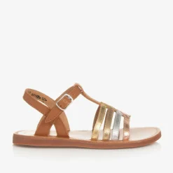 Girls Brown & Metallic Leather Sandals