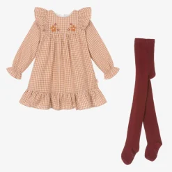 Girls Brown Check Cotton Dress Set