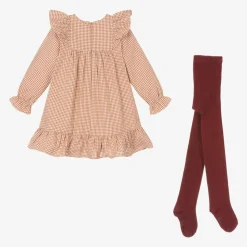Girls Brown Check Cotton Dress Set