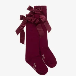Girls Burgundy Red Cotton Bow Socks